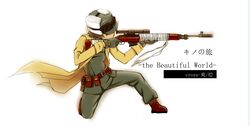  aiming artist_name bad_id bad_pixiv_id bandages battle_rifle belt coat croya_aso english_text female fur_hat goggles gun hat kino_(kino_no_tabi) kino_no_tabi m14 on_one_knee rifle scope short_hair solo trigger_discipline weapon white_background 