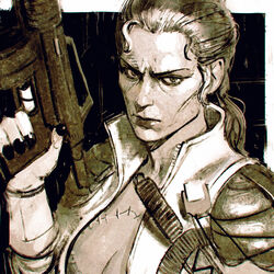  assault_rifle bad_id bad_tumblr_id breasts cleavage commentary english_commentary female gloves gun ilya_kuvshinov long_hair looking_at_viewer m4_carbine medium_breasts metal_gear_(series) metal_gear_solid_3:_snake_eater photoshop_(medium) realistic rifle scar serious solo stitches the_boss upper_body weapon 