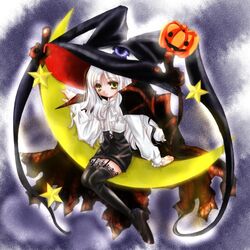  arm_support bad_id bad_pixiv_id black_thighhighs caren_hortensia cosplay crescent fate/hollow_ataraxia fate/stay_night fate_(series) female green_eyes halloween hat jack-o&#039;-lantern kaze_tsuki lilith_(yamibou) lilith_(yamibou)_(cosplay) long_hair pumpkin sitting solo thighhighs white_hair witch_hat yami_to_boushi_to_hon_no_tabibito 