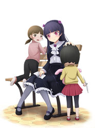  3girls bench black_hair blush book brown_eyes brown_hair commentary_request dress fllay flower gokou_hinata gokou_ruri gokou_tamaki gothic_lolita hairband lolita_fashion long_hair mole mole_under_eye multiple_girls open_mouth ore_no_imouto_ga_konna_ni_kawaii_wake_ga_nai pantyhose photoshop_(medium) purple_flower purple_rose rabbit red_eyes rose shoes short_hair siblings sisters stuffed_animal stuffed_toy twintails 