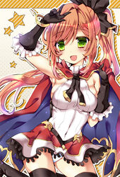  bad_id bad_pixiv_id black_bow black_gloves black_thighhighs blush bow bracelet brown_hair cape clarisse_(granblue_fantasy) commentary_request cowboy_shot elbow_gloves female gloves granblue_fantasy green_eyes hairbow high_ponytail jewelry long_hair miniskirt panties ponytail red_skirt shirt skirt smile solo star_(symbol) thighhighs underwear v white_panties white_shirt yoroi_nau 