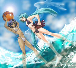  2girls aqua_hair beach bikini blush dark_skin duel_monster effect_veiler multiple_girls sun swimsuit water yu-gi-oh! yu-gi-oh! yubel yugioh_5d&#039;s yugioh_gx yuu-gi-ou_5d&#039;s yuu-gi-ou_gx 