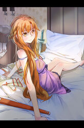  arm_support asuna_(sao) barefoot bed brown_eyes brown_hair commentary female legs letterboxed light_smile long_hair long_legs looking_back nightgown photoshop_(medium) pillow sheath sitting strap_slip sword_art_online terric very_long_hair 