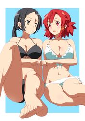  2girls barefoot bianca_(shuumatsu_no_izetta) bikini black_bikini black_hair blue_background blush breasts commentary_request feet fist_bump groin highres izetta large_breasts multiple_girls navel ponytail red_eyes red_hair sanohiramugi shuumatsu_no_izetta side-tie_bikini_bottom smile swimsuit toes white_bikini yellow_eyes 