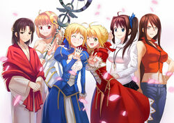  6+girls ahoge aozaki_aoko arcueid_brunestud artoria_pendragon_(fate) bare_shoulders black_hair blonde_hair blue_eyes breasts brown_eyes brown_hair cherry_blossoms cleavage commentary_request crescent crescent_hair_ornament decoration_disorder_disconnection denim detached_sleeves dress epaulettes fate/extra fate/stay_night fate/zero fate_(series) green_eyes hair_intakes hair_ornament hair_ribbon jacket japanese_clothes jeans kara_no_kyoukai kimono large_breasts long_hair magical_girl mahou_tsukai_no_yoru medium_breasts midriff miniskirt multiple_girls navel nero_claudius_(fate) nero_claudius_(fate/extra) pants petals phantas-moon red_dress red_eyes ribbon ryougi_shiki saber_(fate) short_hair skirt smile staff sweater tg01 tsukihime type-moon very_long_hair yamanashi_tomori yellow_eyes 