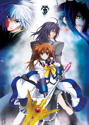  2boys 2girls adapted_costume alternate_hairstyle back-to-back black_hair blue_eyes brown_hair character_request commentary_request crossover daijuuji_kurou demonbane fingerless_gloves glasses gloves hair_down kagura_yuuto long_hair lyrical_nanoha magic_circle magical_girl mahou_shoujo_lyrical_nanoha mahou_shoujo_lyrical_nanoha_strikers multiple_boys multiple_girls nya_(demonbane) photoshop_(medium) raising_heart raising_heart_(exelion_mode) red_eyes takamachi_nanoha white_hair 