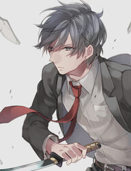  1boy bad_id bad_pixiv_id belt clear_tag collared_shirt formal grey_background grey_eyes grey_hair himuro_hitoshi holding kaii_shoukougun katana male_focus necktie pants red_necktie shirt simple_background solo spoilers sword weapon 