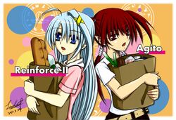  2girls agito_(nanoha) ahoge belt blue_eyes blue_hair carrying commentary_request food hair_ornament leoheart lyrical_nanoha magic_circle mahou_shoujo_lyrical_nanoha_strikers mahou_shoujo_lyrical_nanoha_vivid multiple_girls red_eyes red_hair reinforce_zwei spring_onion x_hair_ornament 