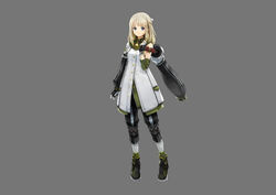  absurdres armlet artist_request bell blonde_hair blue_eyes coat collar female full_body gloves god_eater god_eater_resonant_ops grey_background highres knee_pads long_hair long_sleeves looking_at_viewer neck_bell official_art pants shoes smile solo standing 