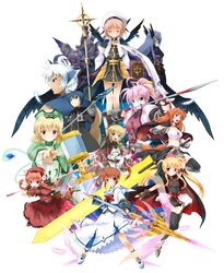  3boys 6+girls animal_ears arf arm_belt armor bardiche_(nanoha) bardiche_(zanber_form)_(nanoha) belt black_thighhighs blonde_hair blue_eyes blue_hair bow bow_(weapon) braid buckle cape chrono_harlaown closed_eyes commentary_request durandal_(nanoha) earrings energy_sword familiar fate_testarossa fate_testarossa_(lightning_form) feathers fingerless_gloves forehead_jewel gauntlets gloves graf_eisen green_eyes hair_ornament hair_ribbon hammer hat head_wings highres jacket jewelry klarwind laevatein_(nanoha) long_hair lyrical_nanoha magazine_(weapon) magic_circle magical_boy magical_girl mahou_shoujo_lyrical_nanoha mahou_shoujo_lyrical_nanoha_a&#039;s michii_yuuki multiple_boys multiple_girls nachtwal open_clothes open_jacket orange_hair pink_hair purple_eyes raising_heart raising_heart_(exelion_mode) red_bow red_eyes red_hair reinforce ribbon ring schwertkreuz shamal shoes skirt staff sword tail takamachi_nanoha takamachi_nanoha_(sacred_mode) thighhighs tome_of_the_night_sky twin_braids twintails vita_(nanoha) waist_cape weapon white_hair winged_footwear winged_hair_ornament wings wolf_ears wolf_tail x_hair_ornament yagami_hayate yuuno_scrya zafira 