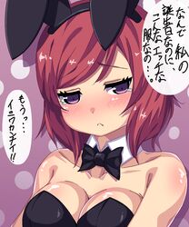  :&lt; animal_ears blush breasts cleavage commentary_request detached_collar fake_animal_ears female highres love_live! love_live!_school_idol_project medium_breasts natsumyun nishikino_maki playboy_bunny purple_background purple_eyes rabbit_ears red_hair short_hair solo tears translated 