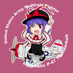  aircraft airplane arm_up blue_hair blush blush_stickers chibi commentary duplicate female hat index_finger_raised john_travolta lowres military nagae_iku nose_art one_eye_closed outstretched_arm p-47_thunderbolt pantyhose pink_background pointing pointing_up purple_hair red_eyes ribbon sakurato_tsuguhi saturday_night_fever short_hair simple_background solo touhou vehicle_focus world_war_ii 