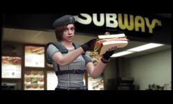  3d beret brown_hair garry&#039;s_mod hat jill_valentine parody resident_evil sandvich sandwich short_hair subway_(franchise) team_fortress_2 