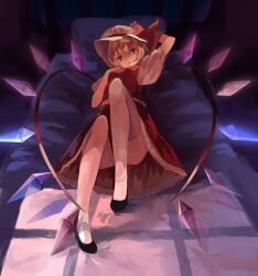  bed blonde_hair commentary_request female flandre_scarlet hat heart heart_wings high_heels looking_at_viewer lying on_back ponytail pumps red_eyes short_hair side_ponytail solo thighhighs touhou white_thighhighs wings yasumo_(kuusouorbital) 