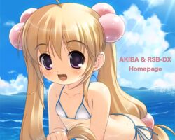  akiba_hideki bikini blonde_hair day hair_bobbles hair_ornament kodomo_no_jikan kokonoe_rin lolicon long_hair oerba_yun_fang purple_eyes side-tie_bikini solo swimsuit thong_bikini twintails 