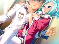  1boy blue_eyes blush breasts female game_cg glasses green_hair hongou_kazuto huge_breasts koihime_musou legs_crossed rikuson 