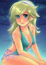  bikini earring earrings hair_over_one_eye hairband jewelry lips mario_(series) nintendo one-piece one-piece_swimsuit princess_rosalina rosalina_(mario) rosetta_(mario) sarong see-through signature smile star stars super_mario super_mario_bros. super_mario_galaxy swimsuit 