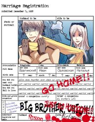  1boy assertive axis_powers_hetalia belarus_(hetalia) bow brother_and_sister document dress female gloves long_hair looking_back marriage marriage_certificate russia_(hetalia) scared scarf siblings translated wedding 