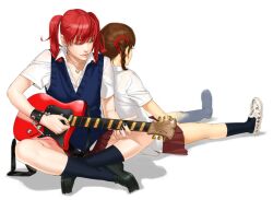  2girls aigle candy_cane_(rumble_roses) fugi_jis guitar instrument multiple_girls red_hair red_hair rumble_roses school_uniform short_twintails simple_background sitting twintails white_background zinc_park 