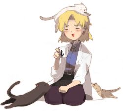  akagi_ritsuko animal animal_on_head bad_id bad_pixiv_id belt blonde_hair blush cat_on_head closed_eyes cup earrings feline female hosaka_dx jewelry lab_coat mug neon_genesis_evangelion on_head open_mouth pantyhose pencil_skirt seiza short_hair simple_background sitting skirt solo 