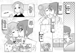  greyscale hard_translated hidamari_sketch hiro kairakuen_umenoka kissing landlady_(hidamari_sketch) miyako monochrome multiple_girls sae school_uniform translated yuno yuri 