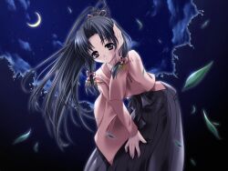  black_hair haruka_(sister_princess) japanese_clothes kimono leaf long_hair moon night non-web_source ponytail purple_eyes sister_princess solo 