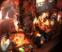  6+boys bad_id bad_pixiv_id card fantasy holding holding_card light lying_card multiple_boys multiple_girls original restaurant shop tanu 