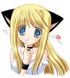  animal_ears bell blonde_hair blonde_hair blue_eyes blush cat_ears catgirl choker female finger_to_mouth heart long_hair nekoneko simple_background smile solo 