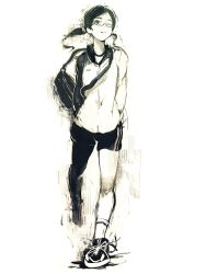  :3 arms_behind_back bag commentary_request female freckles glasses low_twintails messenger_bag monochrome oguchi one_eye_closed original shoes shorts shoulder_bag sneakers solo twintails 