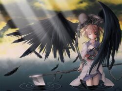  angel brown_hair chains feathers feathers female female jewelry necklace onozuka_komachi scythe short_hair skeleton touhou wings yuuki_eishi 