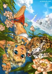  blonde_hair blue_eyes blue_nails bracelet castle dark_skin flower forehead_mark jaguar leopard lily_pad lotus midriff nail_polish necklace panther taj_mahal tetz-co water_lily 