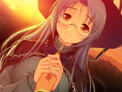  aqua_jacket blue_hair brown_eyes chains dusk female floating_hair game_cg garnet_(sumaga) glasses hat holding_hands jacket long_hair long_sleeves looking_at_viewer out_of_frame pov pov_hands rimless_eyewear solo_focus sumaga tsuji_santa very_long_hair witch_hat zipper 