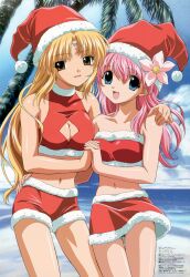  2girls absurdres beach blonde_hair galaxy_angel hat highres holding_hand long_hair looking_at_viewer merry_christmas milfeulle_sakuraba multiple_girls navel palm_tree pink_hair ranpha_franboise santa_costume santa_hat santa_suit thigh-highs thighhighs tree 