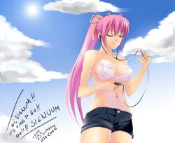  bikini_top closed_eyes closed_eyes digital_media_player earbuds earphones headphones long_hair lyrical_nanoha mahou_shoujo_lyrical_nanoha mp3_player pink_hair ponytail shorts signum 