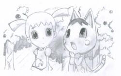  ai_(animal_crossing) animal_crossing anthro bouquet clothed clothing domestic_cat duo felid feline felis female forest graphite_(artwork) greyscale human low_res male mammal monochrome nintendo outside pencil_(artwork) plant rosie_(animal_crossing) traced traditional_media_(artwork) tree unknown_artist wood young 