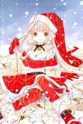  bell blonde_hair blonde_hair chii chobits confetti hat orange_eyes santa_costume santa_hat santa_suit sitting 