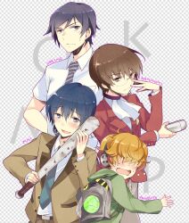  4boys adjusting_eyewear ascot bad_id bad_pixiv_id baseball_bat blazer blue_eyes blush brief_(psg) brown_hair crossover dress_shirt glasses handheld_game_console haro jacket kami_nomi_zo_shiru_sekai katsuragi_keima kousaka_kyousuke male_focus mm! multiple_boys nail nail_bat nakayama_miyuki necktie open_mouth orange_hair ore_no_imouto_ga_konna_ni_kawaii_wake_ga_nai panty_&amp;_stocking_with_garterbelt playstation_portable sado_tarou school_uniform season_connection shirt wavy_mouth 