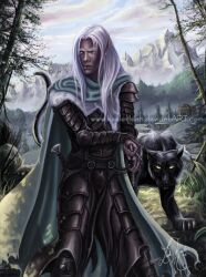  dark_elf drizzt_do&#039;urden drow dual_wield dual_wielding elf fantasy forgotten_realms panther pointy_ears scimitar sword weapon white_hair 