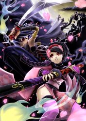  armpits artist_request bare_shoulders black_hair expressionless female holding holding_weapon kisuke long_hair momohime ninja oboro_muramasa polearm rod short_hair staff upper_body very_long_hair weapon 