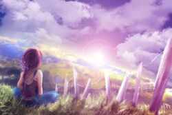  back cloud commentary_request crossed_legs female fence grass ko-saya_(deareska) landscape long_hair nature original outdoors pants red_hair rural shirt sitting sky sleeveless sleeveless_shirt solo sun 