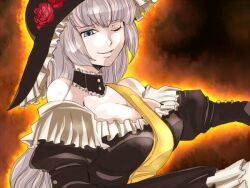  bare_shoulders blue_eyes breasts choker cleavage flower hat sash silver_hair smile umineko_no_naku_koro_ni virgilia wink 