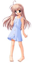  barefoot blue_eyes cute dress female game_cg hajimete_no_orusuban long_hair mizuki_shiori simple_background solo studio_ring 