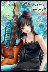  akiyama_mio aqua_legwear bad_id bad_pixiv_id bangs bass_guitar black_hair blunt_bangs don&#039;t_say_&quot;lazy&quot; dress elbow_gloves facepaint fingerless_gloves gatsu_kiba_shou_kitsune gloves hat hime_cut instrument k-on! long_hair mini_hat mini_top_hat pantyhose purple_eyes smile solo striped top_hat 