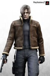  1boy blonde_hair fur_trim gun leon_s_kennedy male_focus resident_evil solo weapon 