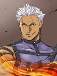  blue_eyes dark_skin dark_skinned_male esaka fire grin krizalid male_focus smile solo the_king_of_fighters white_hair 