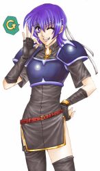  armor belt blue_eyes blue_hair farina farina_(fire_emblem) female female fingerless_gloves fire_emblem fire_emblem:_rekka_no_ken fire_emblem_blazing_sword gloves hand_on_hip headband hips lowleg pegasus_knight simple_background smile solo wink 