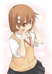  bad_id bad_pixiv_id brown_eyes brown_hair female flower hair_flower hair_ornament misaka_mikoto mukunoki_nanatsu school_uniform short_hair solo summer_uniform sweater_vest toaru_kagaku_no_railgun toaru_majutsu_no_index tokiwadai_school_uniform 