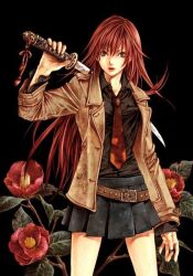  beautiful beauty belt brown_hair coat cool flower flowers green_eyes katana long_hair necktie skirt stylish sword tie weapon 