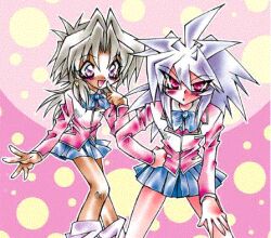  2boys awesome bakura crossdressing crossdressing lowres male_focus marik marik_ishtar multiple_boys school_uniform skirt stuff yami_bakura yaoi yu-gi-oh! yuu-gi-ou_duel_monsters 