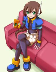  aile brown_hair couch crossed_legs drink green_eyes robot_ears rockman rockman_zx rockman_zx_advent shigehiro_(hiroi_heya) shorts sitting solo spandex vest 